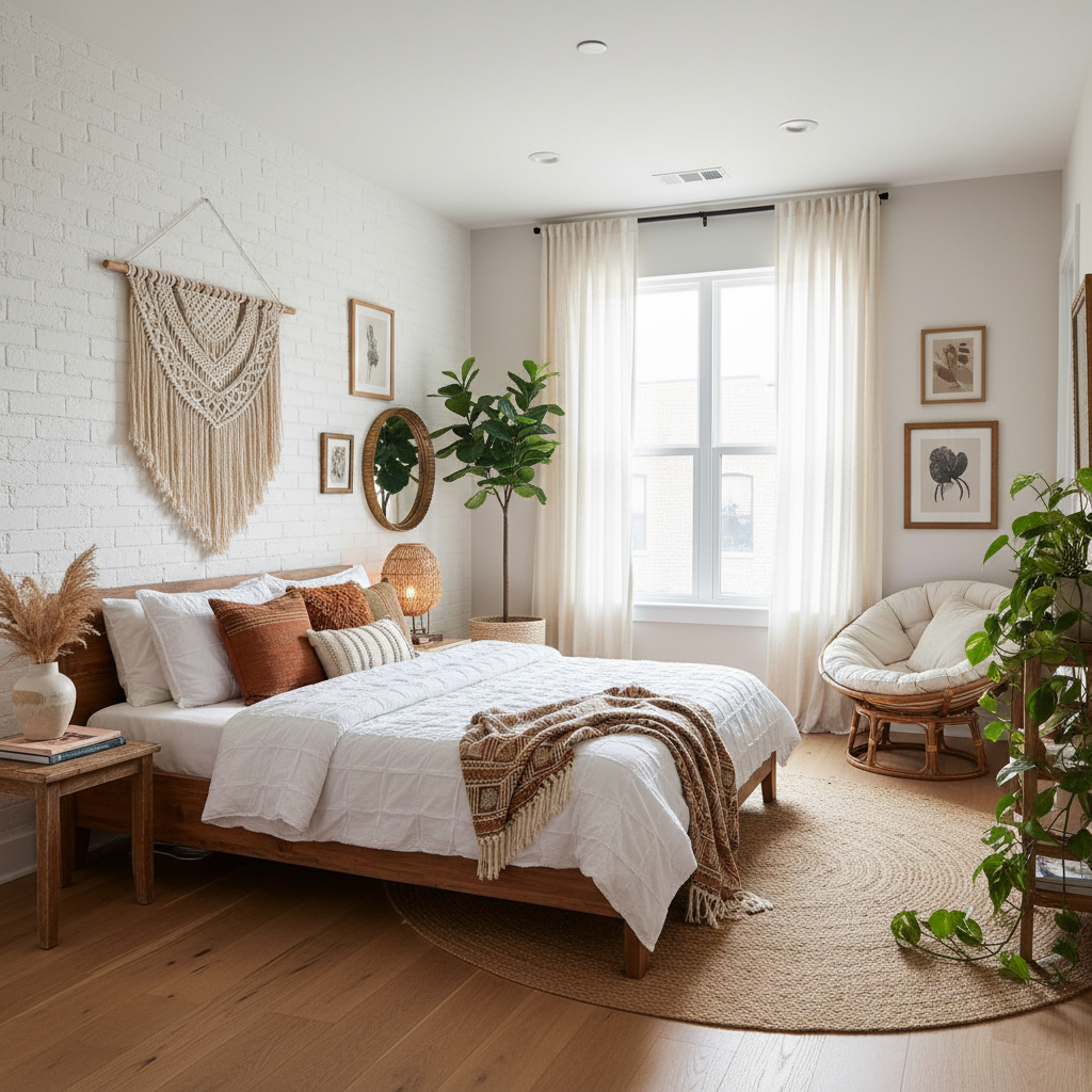 Bohemian styled bedroom in townhouse