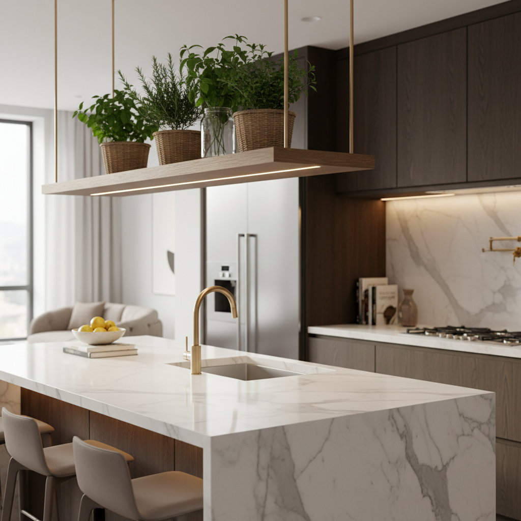 Close-up of a modern kitchen with hanging herb garden