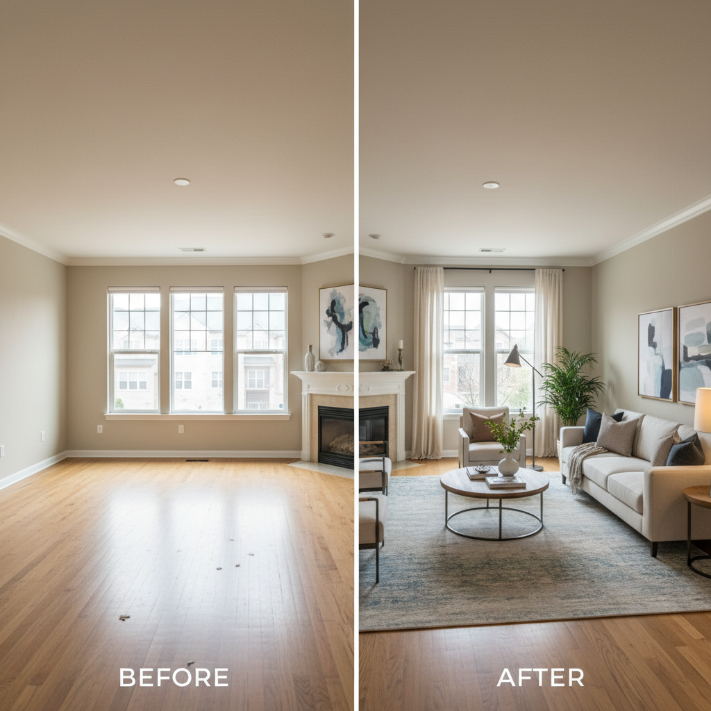 A side-by-side comparison of a room before and after virtual staging.