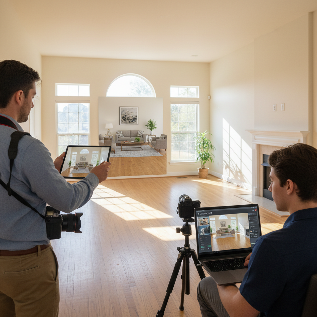 A real estate photographer working alongside an AI virtual staging tool.