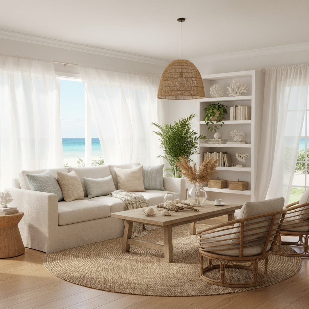 Showcasing coastal materials like rattan and linen in a living space