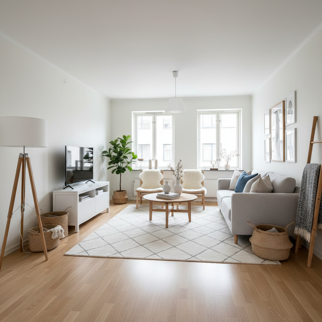 Virtual staging living room example with Scandinavian design.