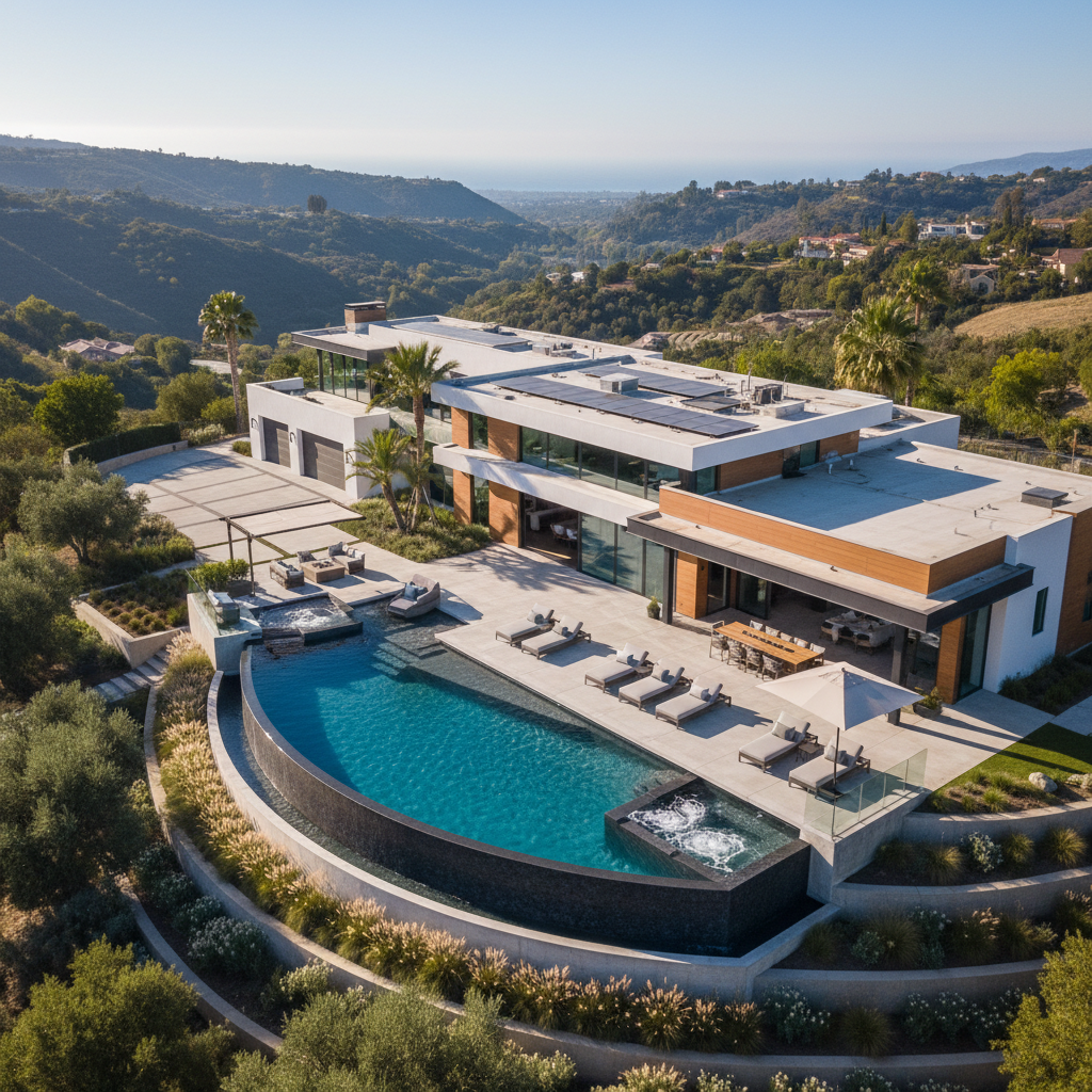 stunning drone shot of a luxury property with a pool