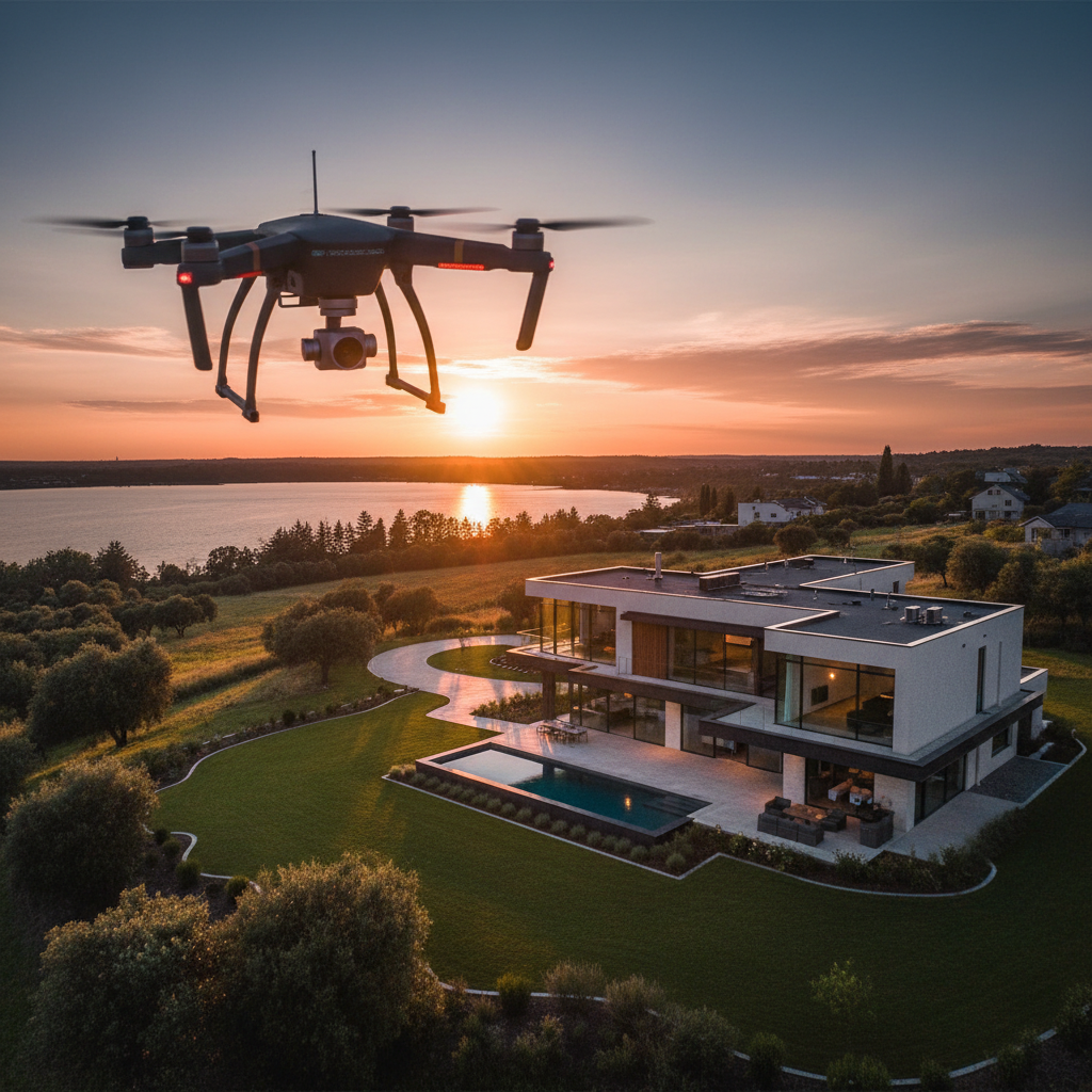 drone flying over a house during sunset