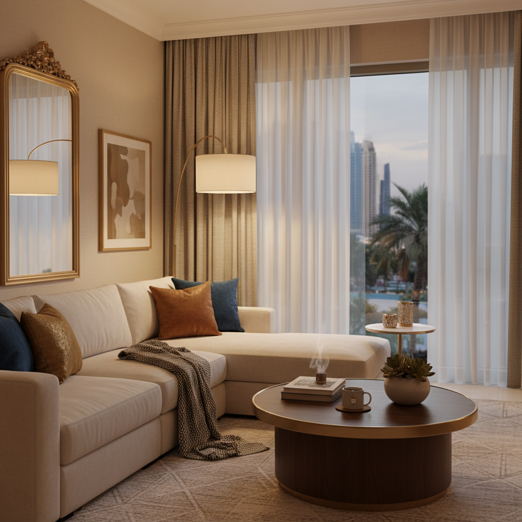 A cozy corner in a Dubai apartment with soft lighting and comfortable furniture.