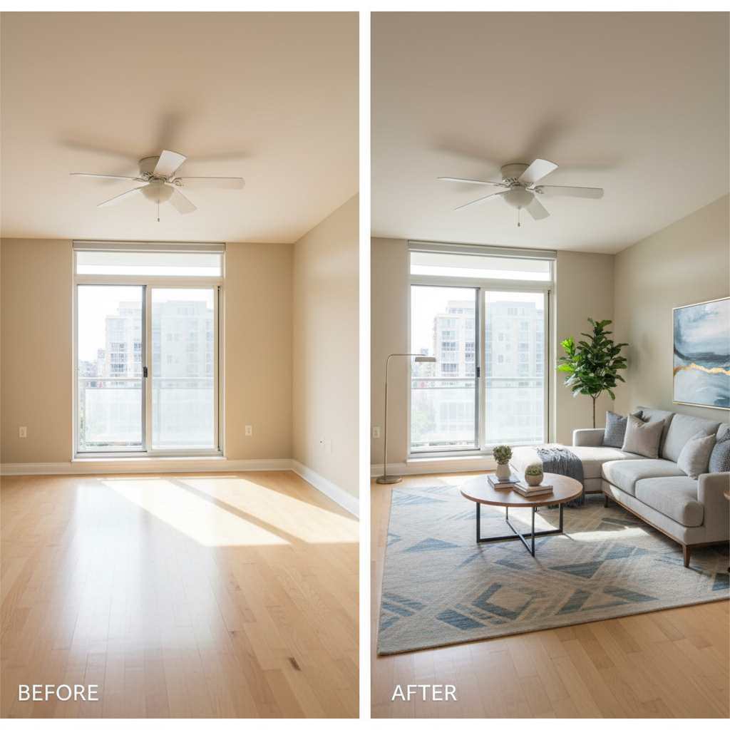 Before and after comparison of a condo with virtual staging.