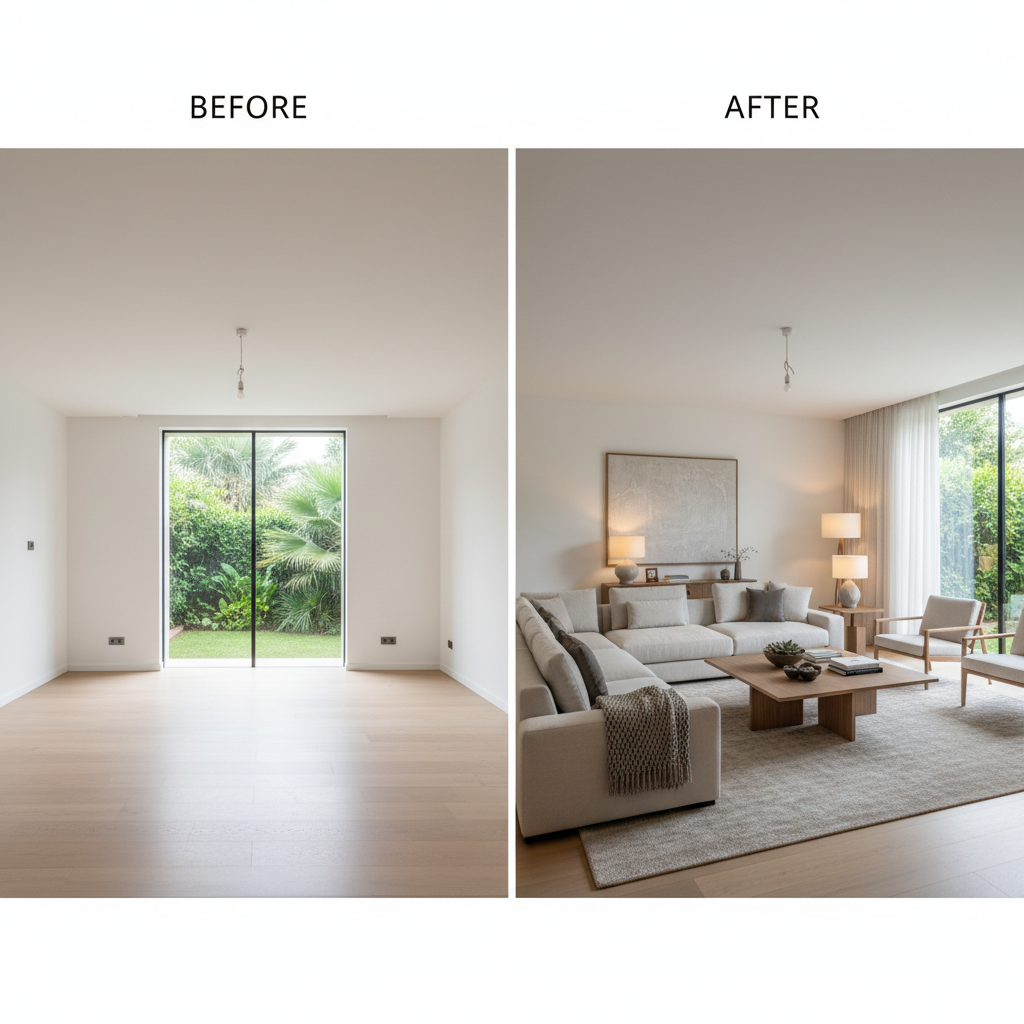 Before and after images of a virtually staged villa.