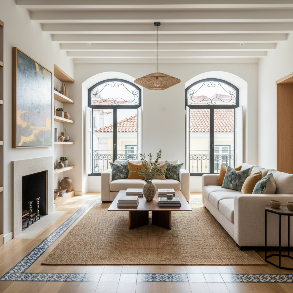 A beautifully staged contemporary living room in a Lisbon townhouse.