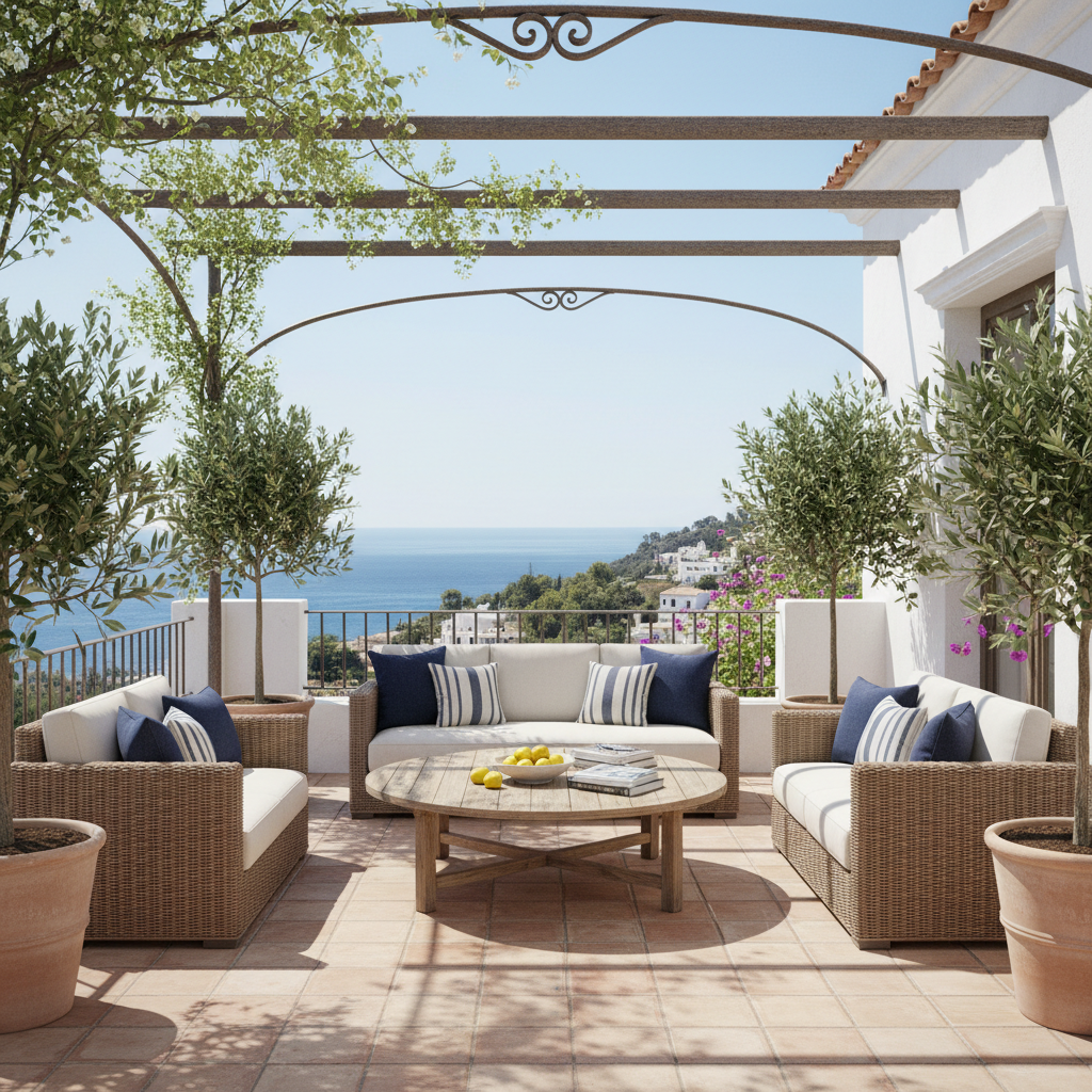 Image of a beautifully designed Mediterranean terrace with plants and a seating area.