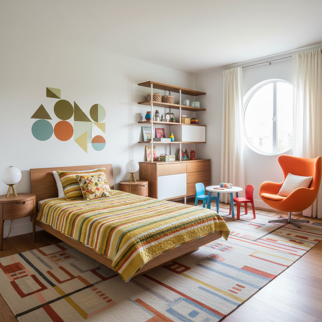 Image of a mid-century modern kids bedroom with colorful accents and functional furniture.