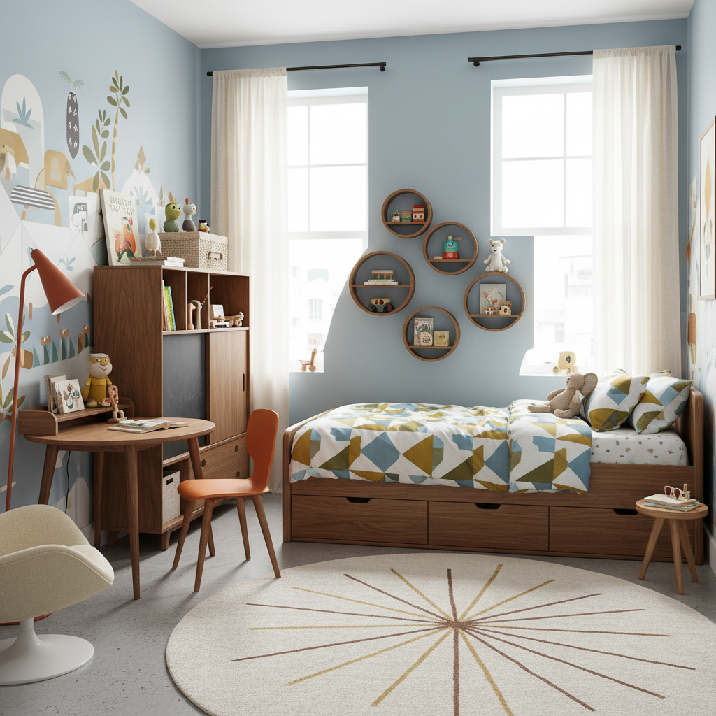 Image showcasing functional furniture in a mid-century modern kids bedroom.