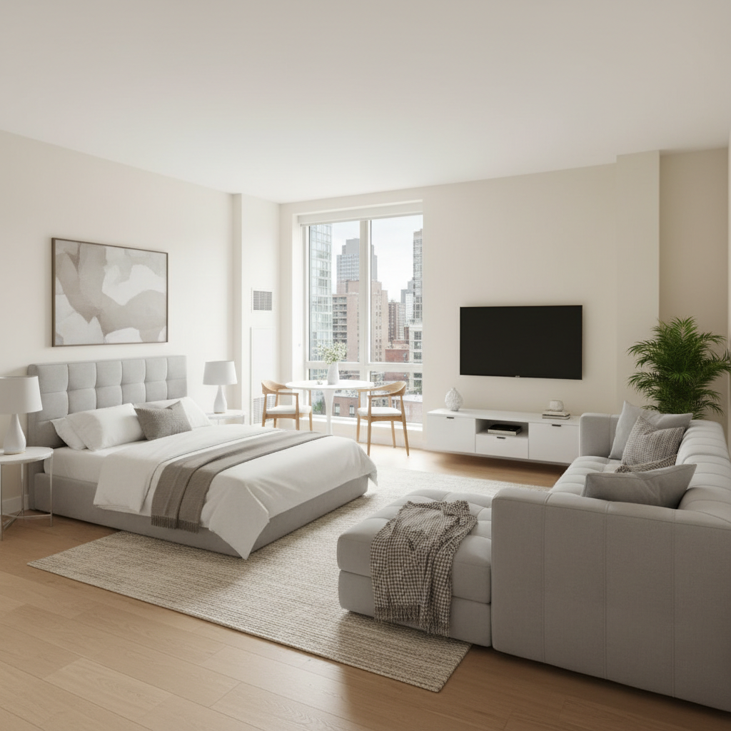 Virtual staging example of a minimalistic studio apartment