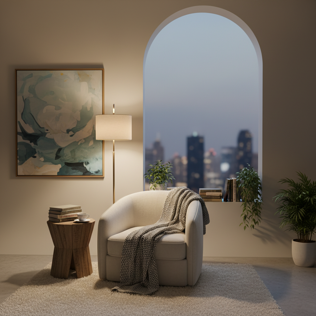 Cozy reading nook in a virtual staged studio