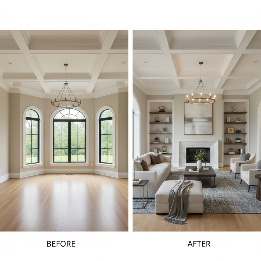 Image showing a before and after comparison of a virtually staged luxury home.