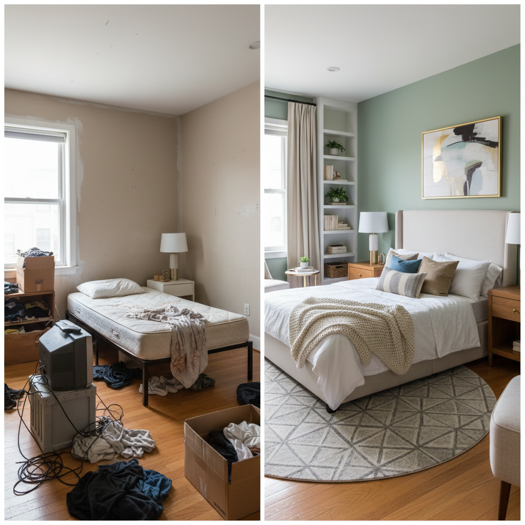 Before and after images of a staged room showcasing a bedroom transformation.