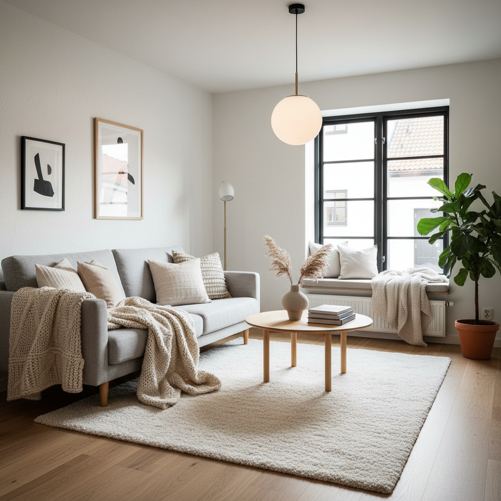 Cozy Scandinavian living room with minimalist furniture and warm textiles