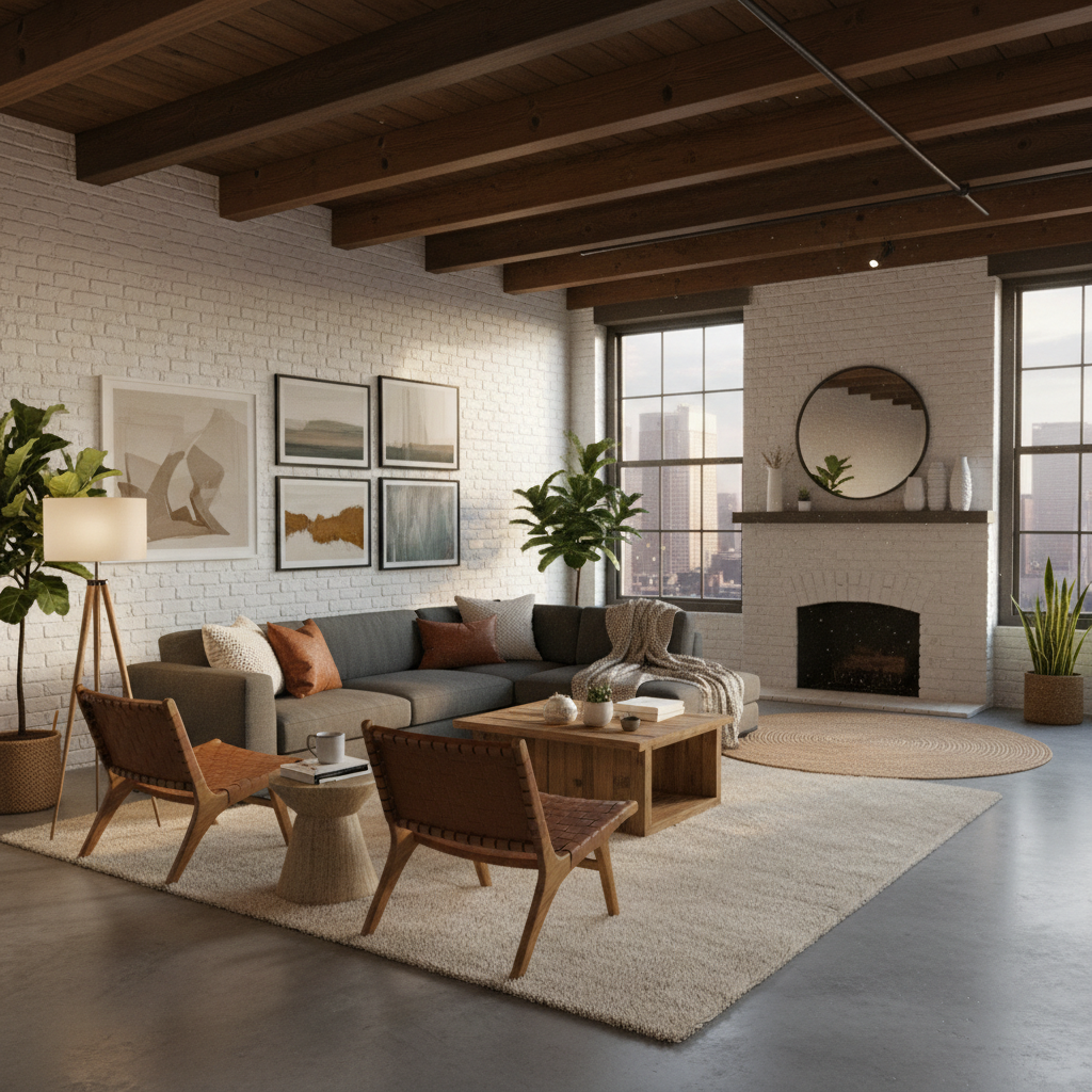 Example of a virtually staged loft showing a cozy living room