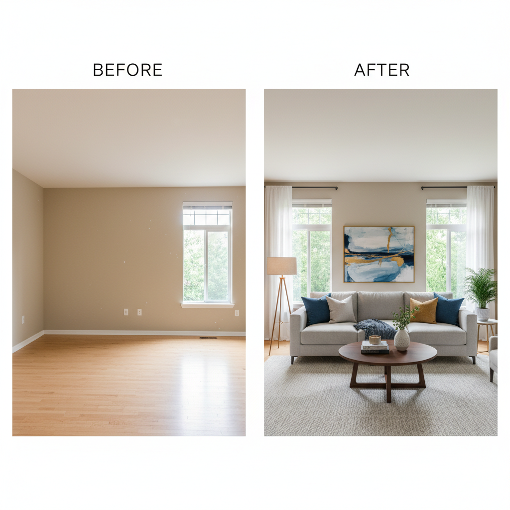 Before and after images of a virtually staged living room.