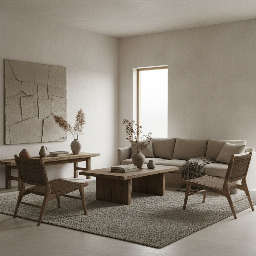 Wabi-Sabi inspired living room showcasing natural materials and muted colors.