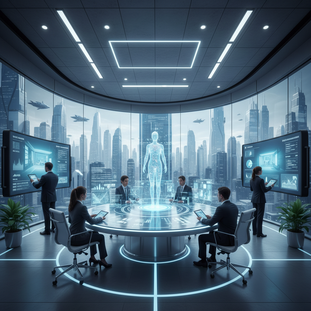futuristic real estate office with AI tools in use